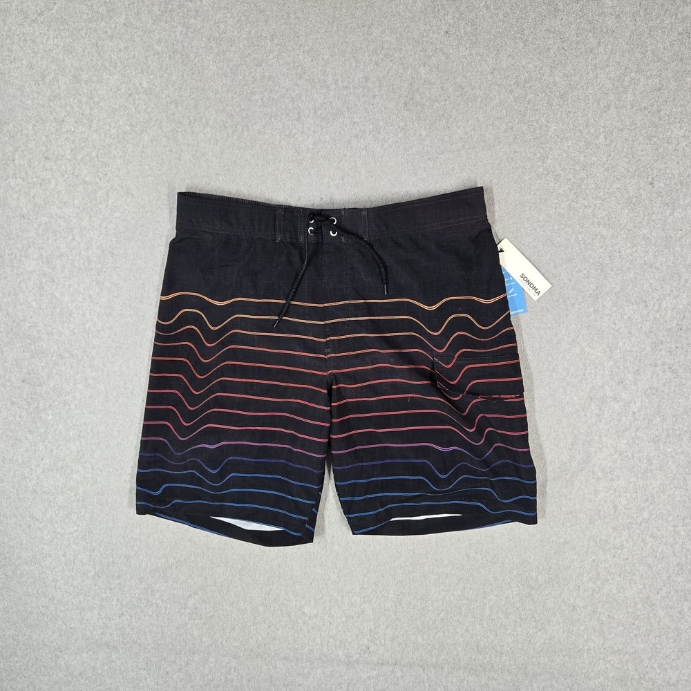 SONOMA Goods For Life Men Swimwear L Black Swim Trunks Striped Flexwear NWT